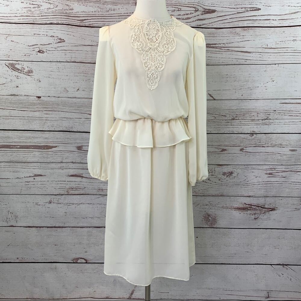 Vintage cream sheer dress lace neck ruffle skirt